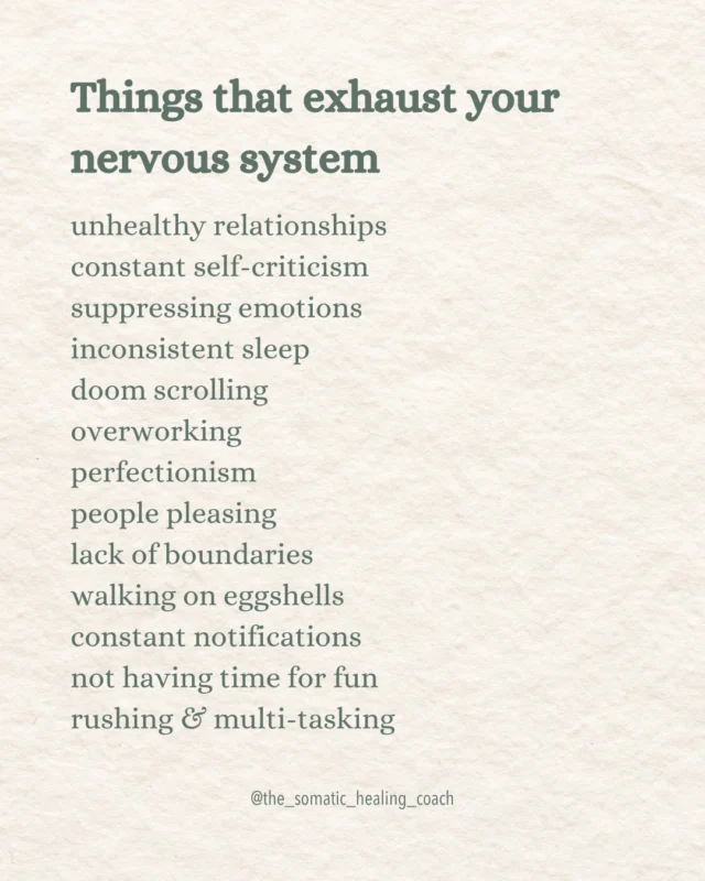 Many of the things on this list become so normalised that either we barely notice them or maybe we simply accept them as the way life has to be.But over time, they can leave us feeling exhausted, overwhelmed, anxious, or disconnected from ourselves.Sometimes feeling more regulated isnt only about using body-based tools. Sometimes it's about noticing what's draining your system and finding ways to reduce it or make changes if you can - no matter how small.What would you add to this list? Let me know in the comments... #somatichealing #bodybasedhealing #nervoussystemregulation #selfcompassion #personalgrowth