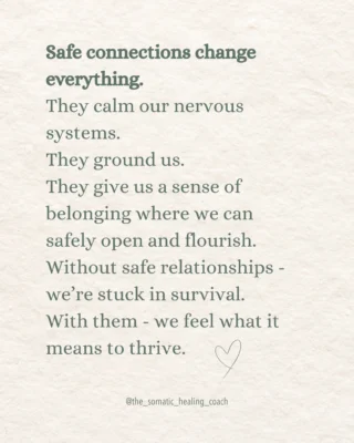 Healing isn’t just about the past. It’s about creating a present where the people around you feel nourishing, not draining. Where it feels safe, where you feel loved and where there is no question that you matter and belong. Where you’re not second guessing everything or treading on eggshells.

Remember – you are deserving of healthy relationships. Safe connections change everything.

#healthylove  #narcissisticabuse #narcissisticabuserecovery #nervoussystemhealing #nervoussystemregulation